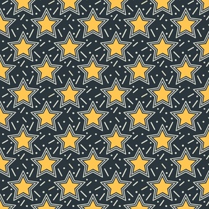 Yellow stars and confetti on a dark gray 