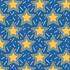 Yellow stars and confetti on a blue 