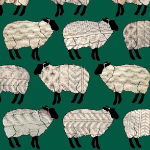 Wee Wooly Sheep in Aran Sweaters (green background large scale)