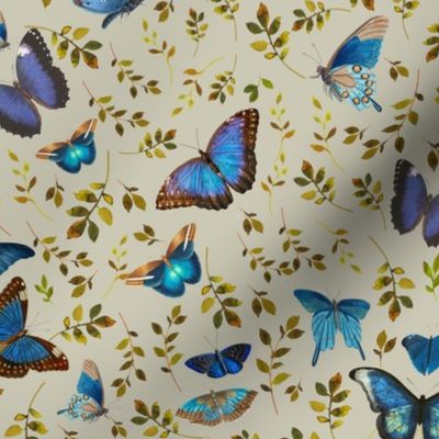 Nostalgic Retro Blue Butterflies, Moths Fabric, Vintage Butterfly fabric,leaf and moth fabric, Vintage home decor,  antique wallpaper,sage, insects tea towel