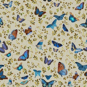 Nostalgic Retro Blue Butterflies, Moths Fabric, Vintage Butterfly fabric,leaf and moth fabric, Vintage home decor,  antique wallpaper,sage, insects tea towel