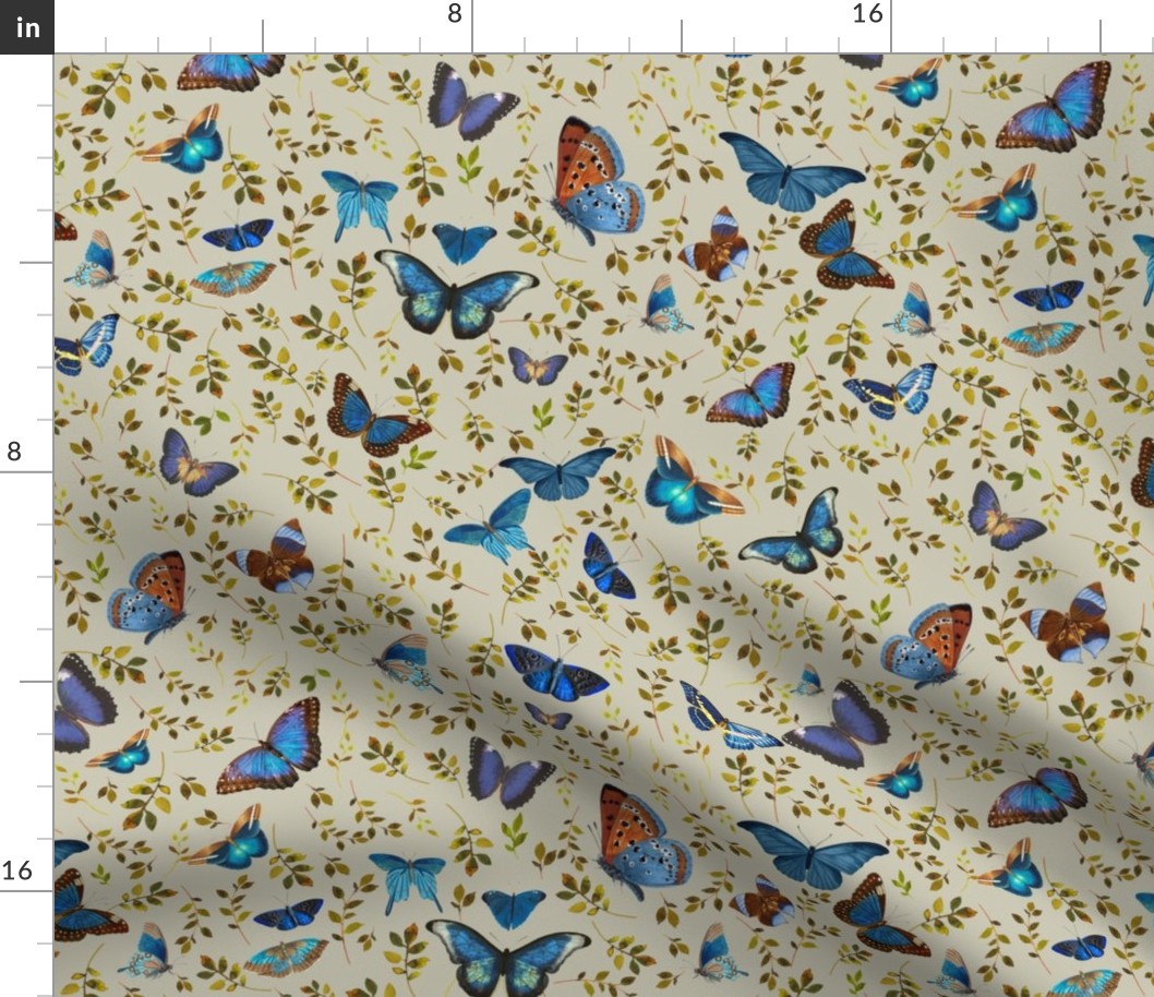 Nostalgic Retro Blue Butterflies, Moths Fabric, Vintage Butterfly fabric,leaf and moth fabric, Vintage home decor,  antique wallpaper,sage, insects tea towel