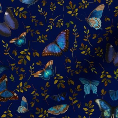 Nostalgic Retro Blue Butterflies, Moths Fabric, Vintage Butterfly fabric,leaf and moth fabric, Vintage home decor,  antique wallpaper,night blue, insects tea towel