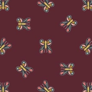 Colorful Butterflies on Burgundy Red Background