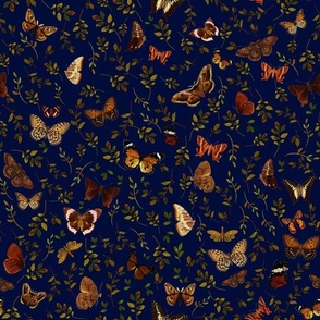 Nostalgic Retro Brown Butterflies, Moths Fabric, Vintage Butterfly fabric,leaf and moth fabric, Vintage home decor,  antique wallpaper,night blue, insects tea towel