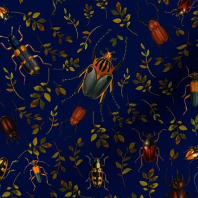Nostalgic Retro Bugs, Bugs Fabric, Vintage bug fabric,leaf and beetle fabric, Vintage home decor,  antique wallpaper,night blue double layer, insects tea towel