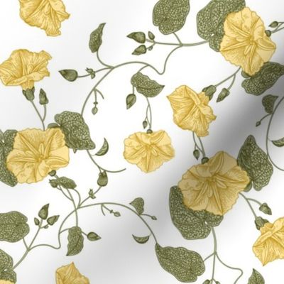 21" a yellow summer  morning glory ,climbers meadow  - nostalgic  home decor on white,  Baby Girl and nursery fabric perfect for kidsroom wallpaper, kids room, kids decor