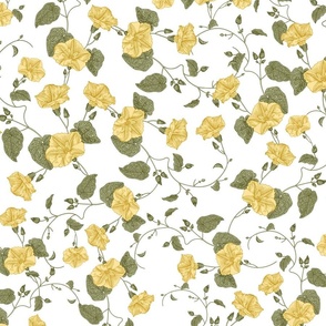 21" a yellow summer  morning glory ,climbers meadow  - nostalgic  home decor on white,  Baby Girl and nursery fabric perfect for kidsroom wallpaper, kids room, kids decor