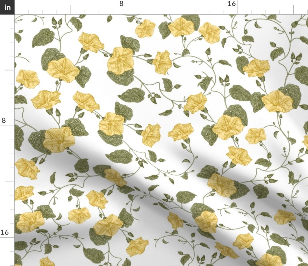 21" a yellow summer  morning glory ,climbers meadow  - nostalgic  home decor on white,  Baby Girl and nursery fabric perfect for kidsroom wallpaper, kids room, kids decor
