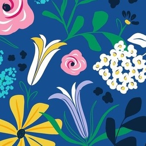 Darcy - Retro Floral - Blue Large Scale