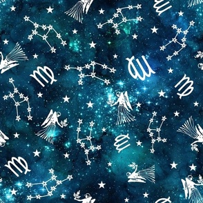 Large Scale Virgo Zodiac Symbols on Teal Galaxy