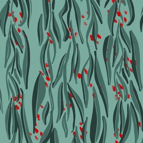 lines with abstract  long green leaves and red dots - large scale