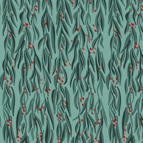 lines with abstract  long green leaves and red dots - medium scale