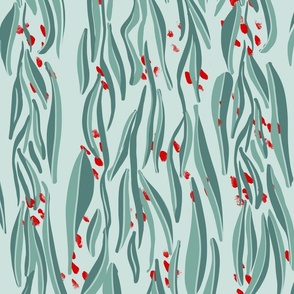 lines with abstract  long green and sage green leaves and red dots - large scale