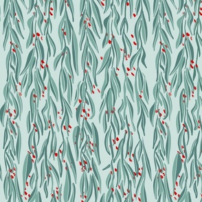 lines with abstract  long green and sage green leaves and red dots - medium scale