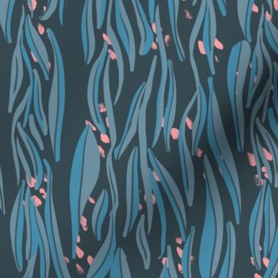 lines with abstract  long blue and cyan leaves and pink dots - medium scale