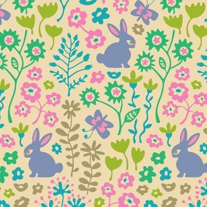 Bunny Rabbit Floral in Springtime Purple Green Blue Pink Beige - MEDIUM Scale - UnBlink Studio by Jackie Tahara
