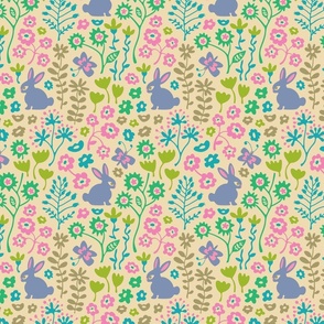 Bunny Rabbit Floral in Springtime Purple Green Blue Pink Beige - SMALL Scale - UnBlink Studio by Jackie Tahara