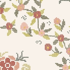 $ Large scale Vintage style cross stitch floral medallion in lattice setting, for sweet table linen, romantic bed linen, feminine cushions and pillows and crafts, cool greens, blush apricot and blood orange