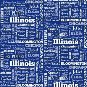 Illinois cities in blue, 4 inch half drop repeat