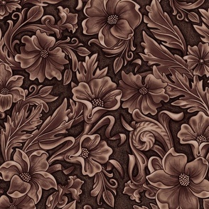 Chocolate Vintage Western Floral Pu Leather Fabric / Sold By The