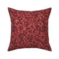 Leather, rich traditional scarlet red brown carved tooled