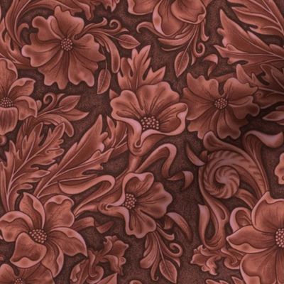 Tooled carved leather flowers rusty red