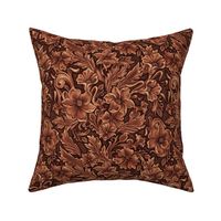 Leather, rich traditional burnt honey brown carved tooled small scale