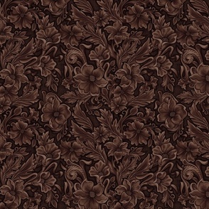 Leather, rich dark brown carved tooled Small