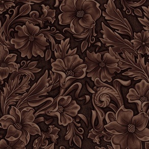 Leather, rich dark brown carved tooled