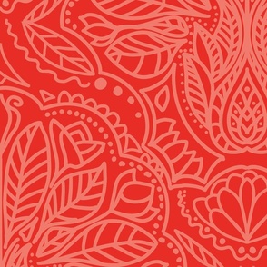 tomato red and  persimmon oriental Henna Tattoo pattern - large scale
