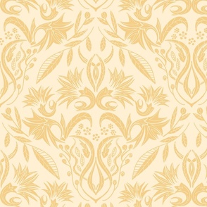 Floral Damask golden yellow on light yellow - medium scale 