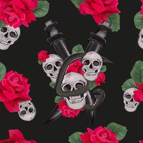 Skull with red roses dark