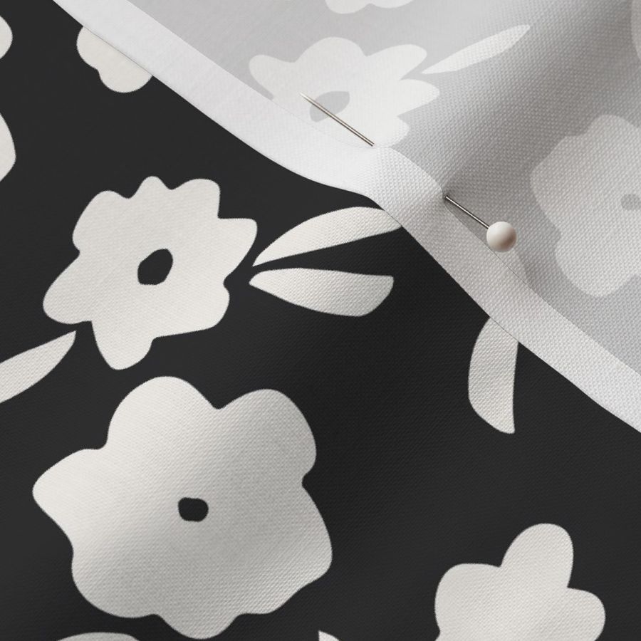 Modern Ditsy Flowers, Black and White, Medium Scale, Ditsy Floral, Sweet Trendy 