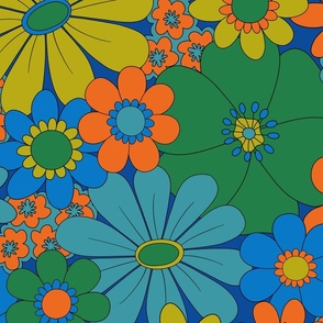Groovy Bold Florals in Blue Orange (Large Scale)