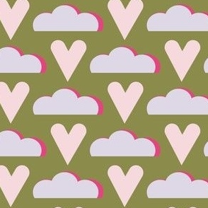 Valentine's Day pink hearts clouds and green background