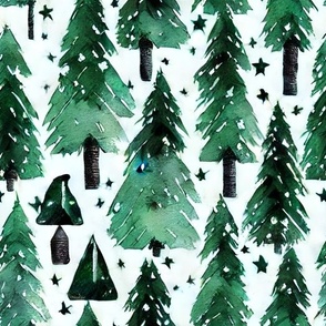 evergreen trees and stars