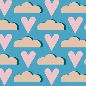 pink hearts clouds blue background