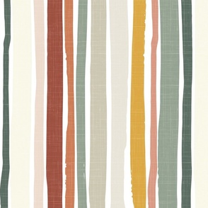 large boho casual stripes - green yellow terracotta - textured wonky stripes wallpaper and fabric
