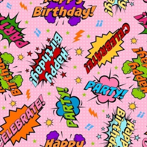 Large Scale Happy Birthday Celebration Colorful Comic Bubbles on Pink