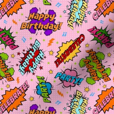 Medium Scale Happy Birthday Celebration Colorful Comic Bubbles on Pink