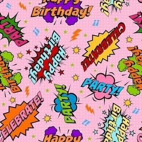 Medium Scale Happy Birthday Celebration Colorful Comic Bubbles on Pink