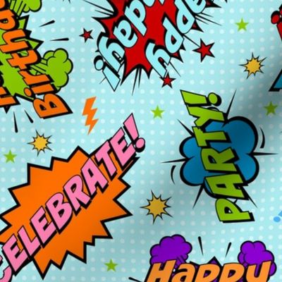 Large Scale Happy Birthday Celebration Colorful Comic Bubbles on Blue