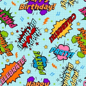 Large Scale Happy Birthday Celebration Colorful Comic Bubbles on Blue