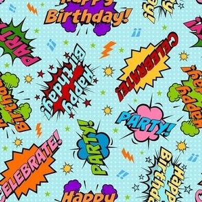 Medium Scale Happy Birthday Celebration Colorful Comic Bubbles on Blue