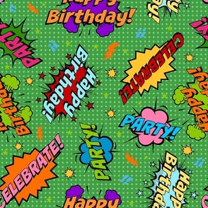 Large Scale Happy Birthday Celebration Colorful Comic Bubbles on Green