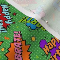 Medium Scale Happy Birthday Celebration Colorful Comic Bubbles on Green