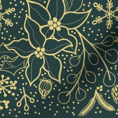 Holiday Folk Floral - Evergreen and Gold