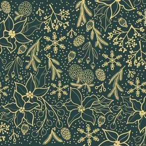 Holiday Folk Floral - Evergreen and Gold