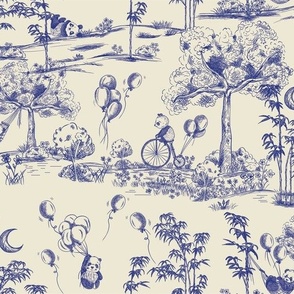 Pandas Toile de Jouy in beige and blue - Small Size